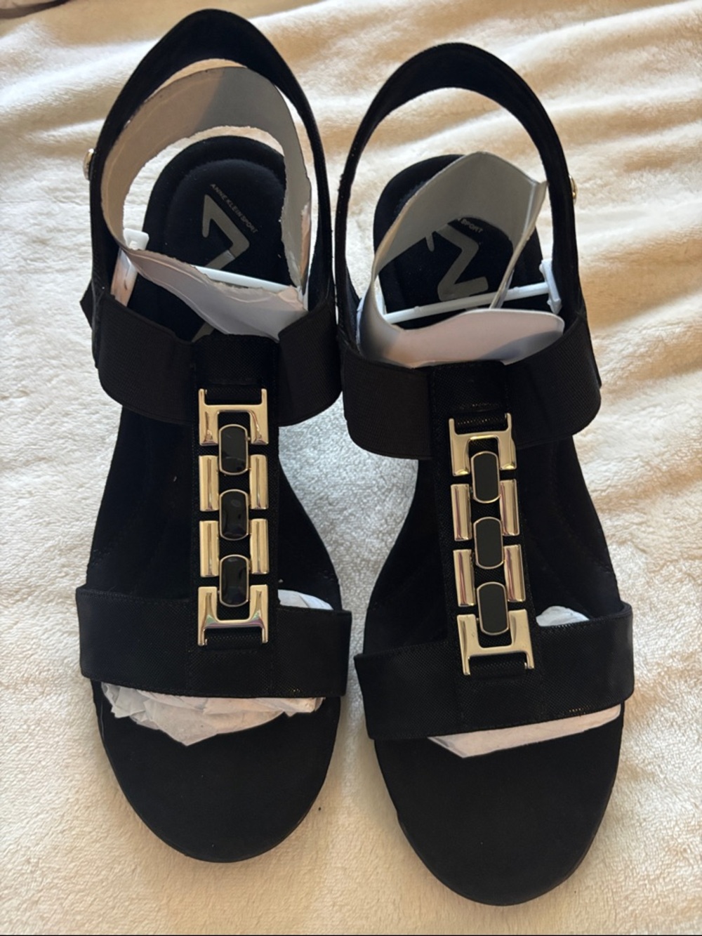 Anne Klein Sport Black Sandals with Gold Chain Detail